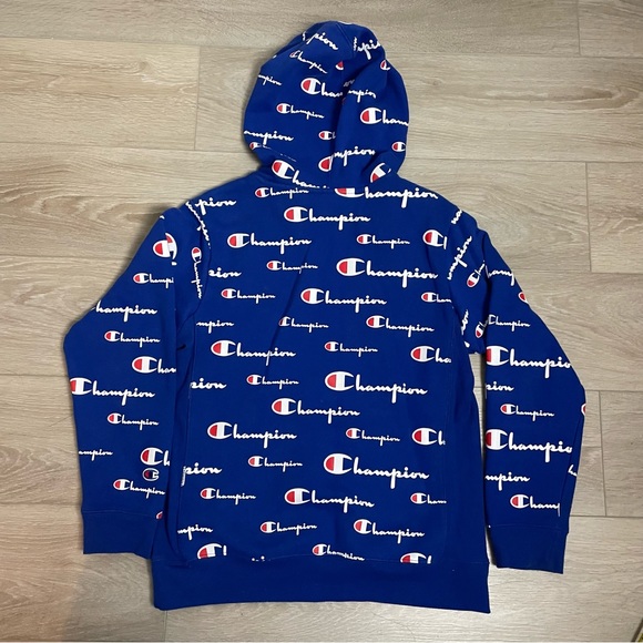 Champion Reverse Weave Sweatshirt Blue Hoodie All Over Print - Picture 7 of 8